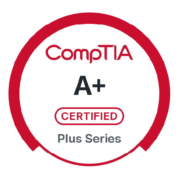 The A+ badge badge showing a red cirle with 'A+' in the center. It also says 'Comptia' and 'Certified - Plus Series'