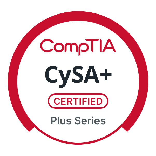The CySA+ badge badge showing a red cirle with 'CySA+' in the center. It also says 'Comptia' and 'Certified - Plus Series'