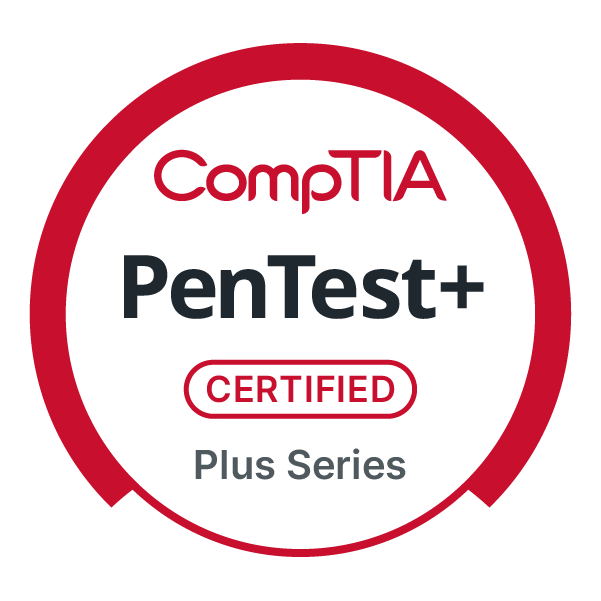 The PenTest+ badge badge showing a red cirle with 'PenTest+' in the center. It also says 'Comptia' and 'Certified - Plus Series'