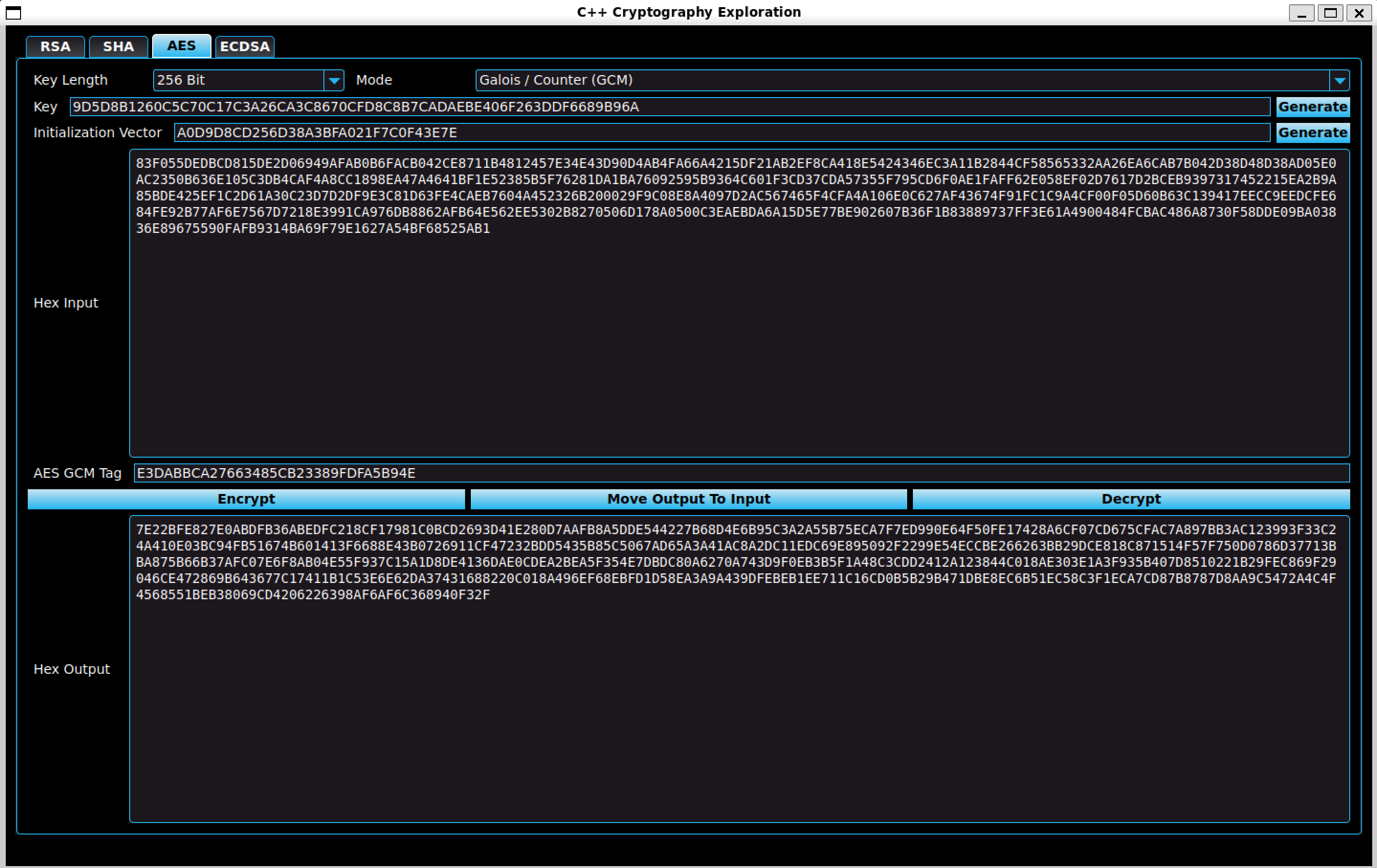 A screenshot of the AES tab on the C++ GUI Application.