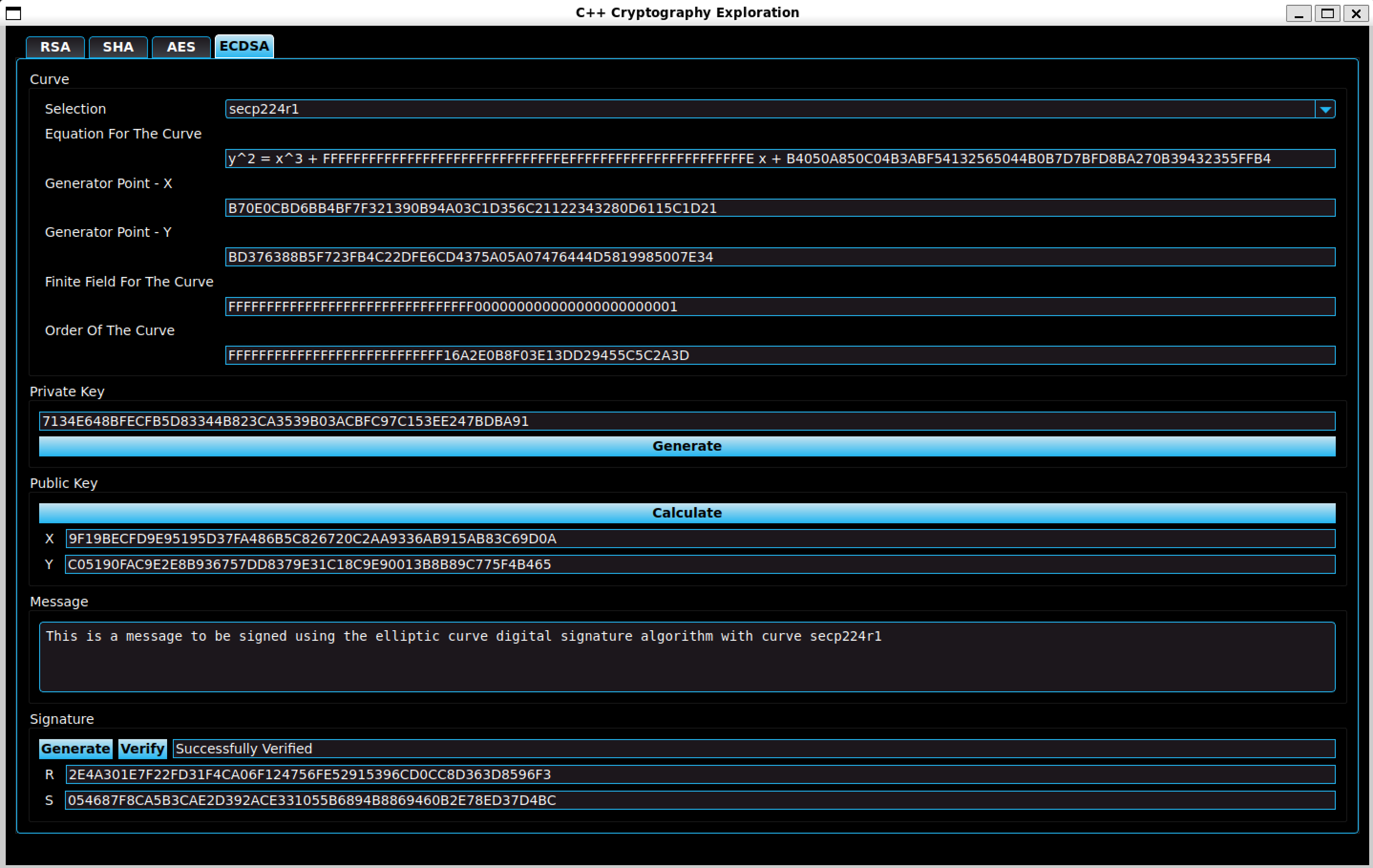 A screenshot of the ECDSA tab on the C++ GUI Application.