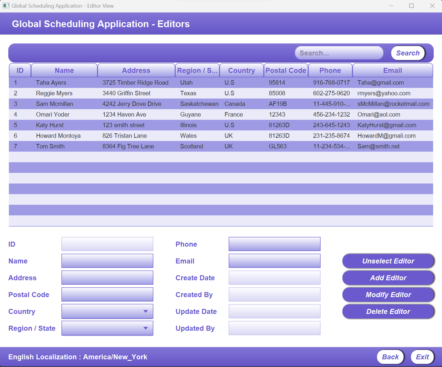 A screenshot of the Editors Screen