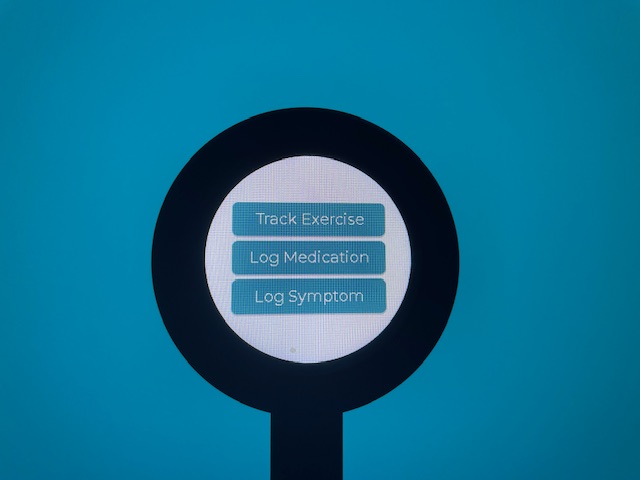 A photograph of the LED touch screen showing the home screen layout built using Rust and LVGL. It has three buttons: 'Track Exercise', 'Log Medecine' and 'Log Symptom'.
